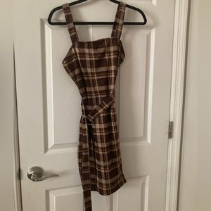 Brown Plaid Women’s dress D-Ring Belt Midi Sleeveless Square neck